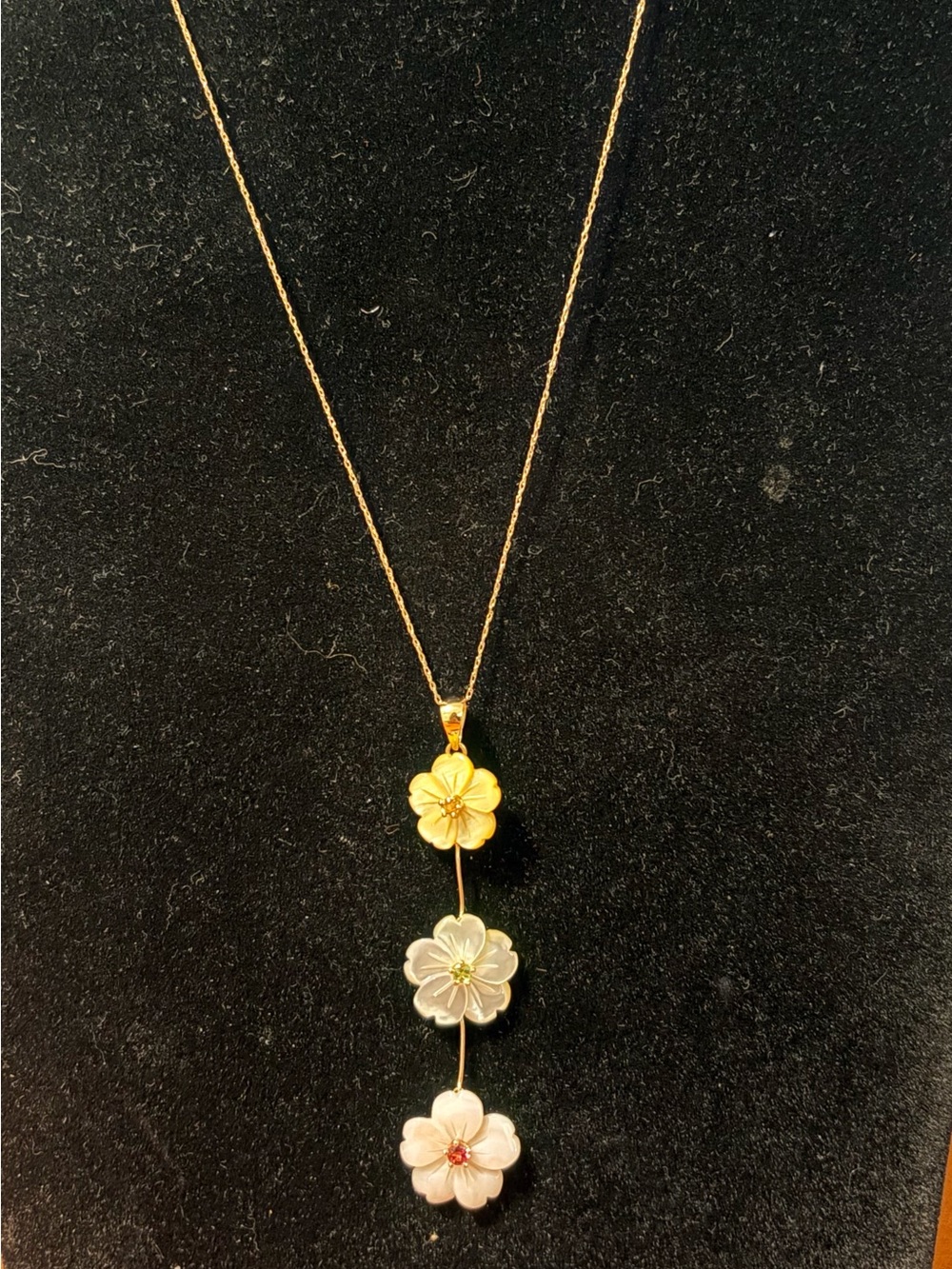 Delicate 14K Triple Flower Pendant Necklace with real gemstones